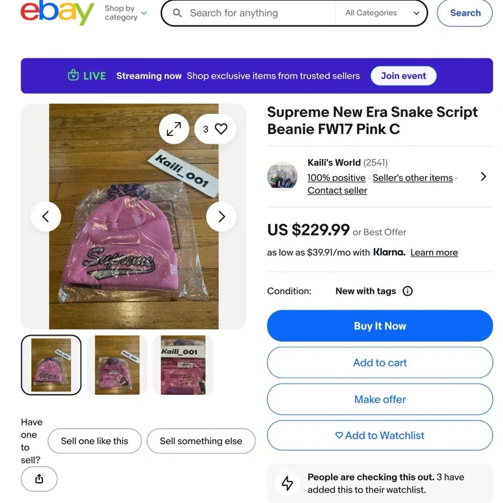 Rare Supreme/New Era Pink Snake Script Beanie with Classic Red Supreme Logo